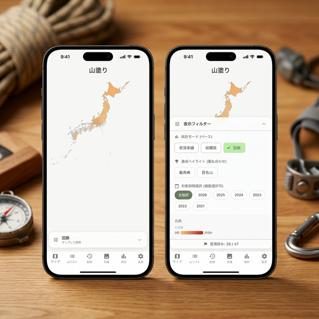 日本地図塗りつぶし画面 - 登頂した都道府県が色付けされ制覇状況が可視化されている様子