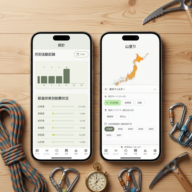 登山統計画面 - 総登頂数や獲得標高などのデータがグラフ化されている様子